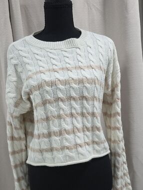 Pink Rose Cable Knit Crewneck Sweater in Cream and Tan